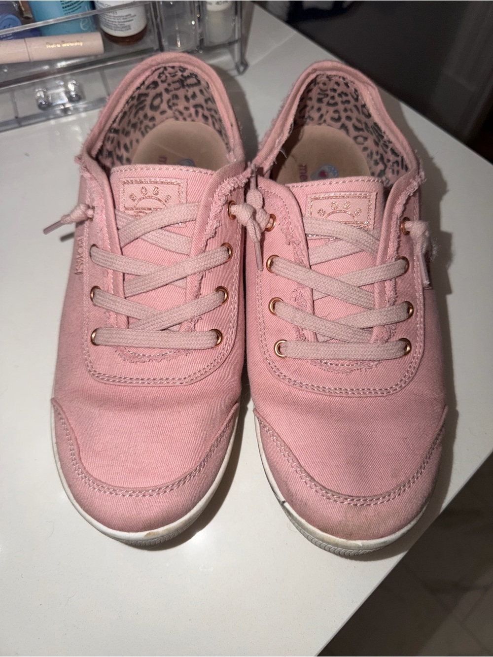 Skechers Pink Canvas Kids Lace-Up Sneakers with Leopard Lining